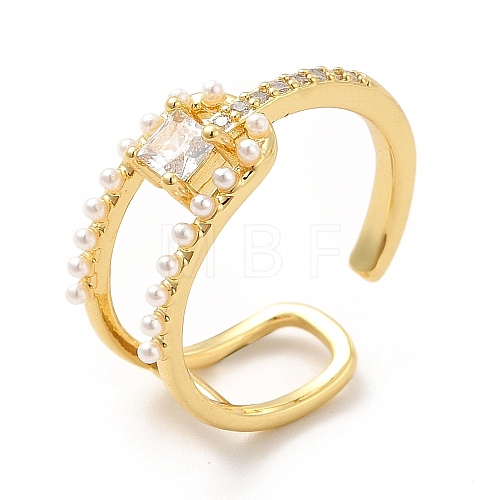 Clear Cubic Zirconia Square Knot Open Cuff Ring with Plastic Pearl Beaded KK-H439-14G-1
