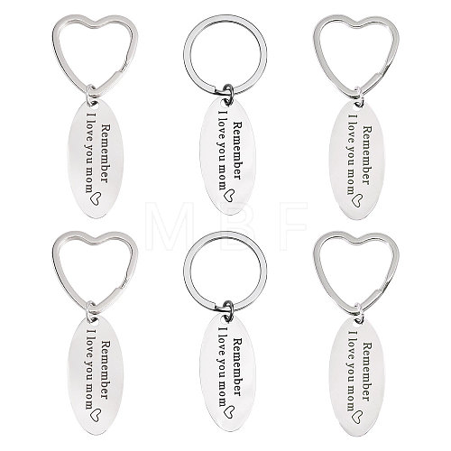 GOMAKERER 6Pcs 2 Styles Mother's Day Oval with Word Remember I Love You Mom Stainless Steel Keychain AJEW-GO0001-57-1