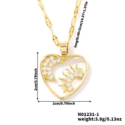 Gorgeous Brass Micro Pave Clear Cubic Zirconia Heart with Moon Sun Pendant Elegant Fashion Necklaces SS6030-1-1