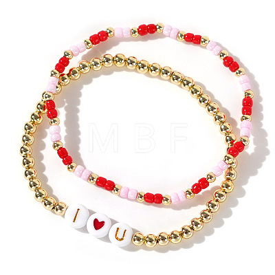 2Pcs 2 Styles I Love You Brass & Acrylic & Seed Beads Stretch Bracelets XD6242-1