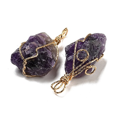 Raw Rough Natural Amethyst Iron Wire Wrapped Pendants G-H308-03G-03-1