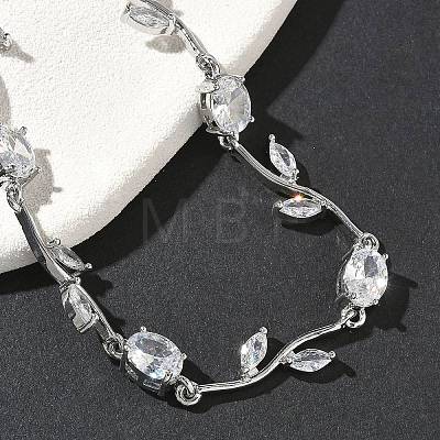 Brass Micro Pave Cubic Zirconia Oval & Leaf Link Chain Bracelets for Women BJEW-G764-05P-02-1
