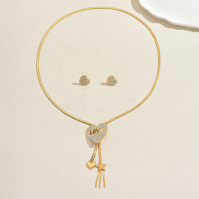 Alloy Rhinestone Heart LOVE Pendant Lariat Necklace & Stud Earrings for Women RE6970-1