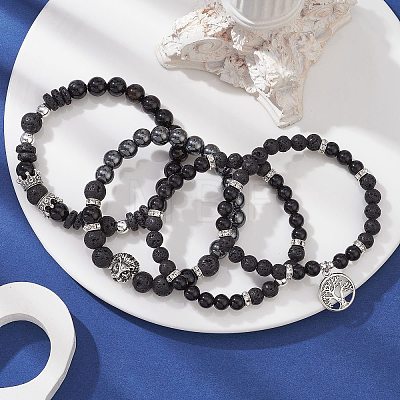 4Pcs 4 Style Natural Black Onyx & Lava Rock Beaded Stretch Bracelets Set BJEW-JB09672-1