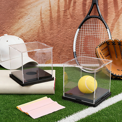Transparent Acrylic Sport Ball Display Cases with Black Base ODIS-WH0030-300-1
