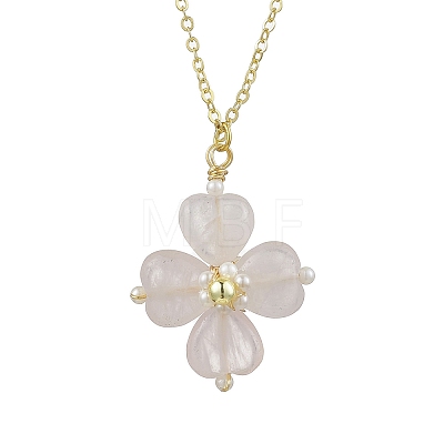 Natural Rose Quartz Clover Shamrock Pendant Necklaces NJEW-JN05170-04-1