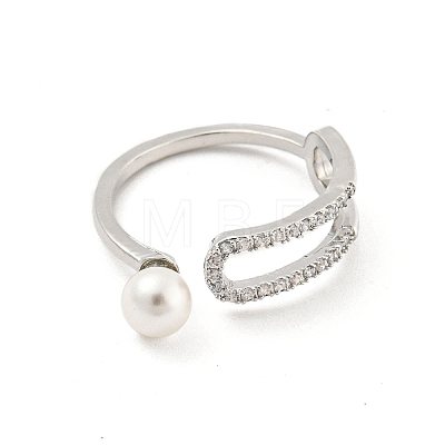 Round Brass Micro Pave Clear Cubic Zirconia with Plastic Pearl Open Cuff Rings RJEW-G309-51P-1