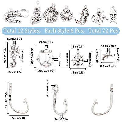 SUNNYCLUE 72Pcs 12 Styles Tibetan Style Alloy Charms FIND-SC0007-72-1