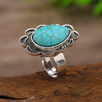 Adjustable Zinc Alloy with Synthetic Turquoise Cuff Rings CJ8951-3-1