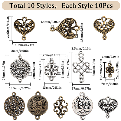 SUNNYCLUE 100Pcs 10 Styles Tibetan Style Alloy Connector Charms FIND-SC0007-87-1