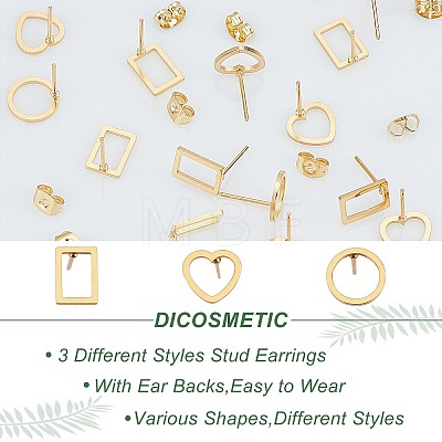 DICOSMETIC 36 Pair 3 Styles 304 Stainless Steel Rectangle & Heart & Flat Round Stud Earrings EJEW-DC0001-10-1