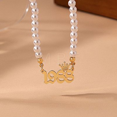 Alloy Crown Birth Year Pendant Imitation Pearl Round White Beaded Necklaces for Women FS-WG173C9-28-1