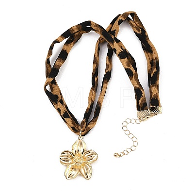 Alloy Flower Pendant 2-Strand Leopard Print Polyester Cord Necklaces for Women NJEW-A066-05G-1