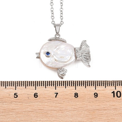 Natural Baroque Keshi Pearl Fish Pendant Brass Chain Necklaces NJEW-XCP0001-10-1