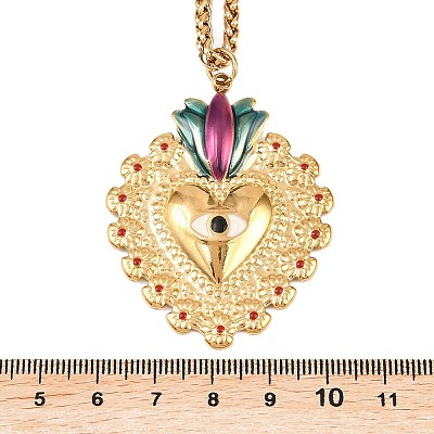 304 Stainless Steel Enamel Heart Pendant Wheat Chain Necklaces NJEW-P430-04A-G-1