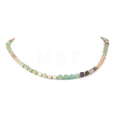 Cube Natural Green Strawberry Quartz & Pink Opal & Southern Jade & Flower Amazonite & Amethyst & Howlite Beaded Necklaces for Women NJEW-JN06610-1