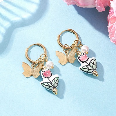 Flower with Butterfly 304 Stainless Steel Hoop Earrings EJEW-JE06749-02-1