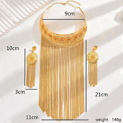 Exaggerated Tassels Iron Choker Necklace & Dangle Stud Earrings Jewelry Sets for Banquet Wedding PQ3170-1