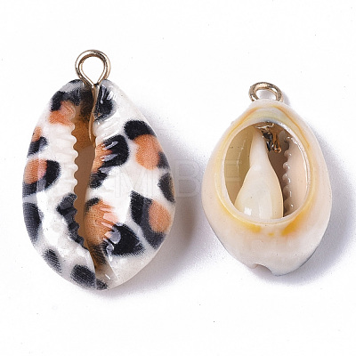 Printed Natural Cowrie Shell Pendants SSHEL-R047-02-A03-1