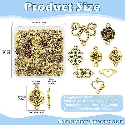 64Pcs 8 Styles Tibetan Style Alloy Heart Flat Round Flower Links Connector Charms TIBE-FS0003-34-1