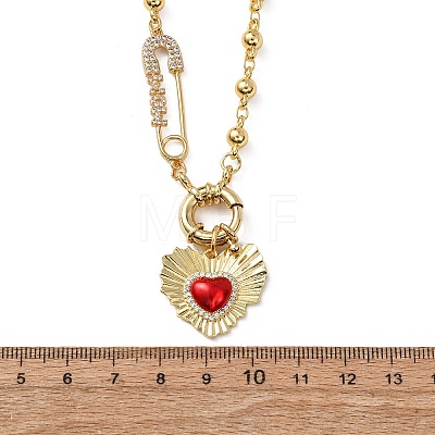 Mother's Day Brass Micro Pave Clear Cubic Zirconia Enamel Red Sacred Heart Mama Pendant Necklaces for Women NJEW-A071-12A-G-1