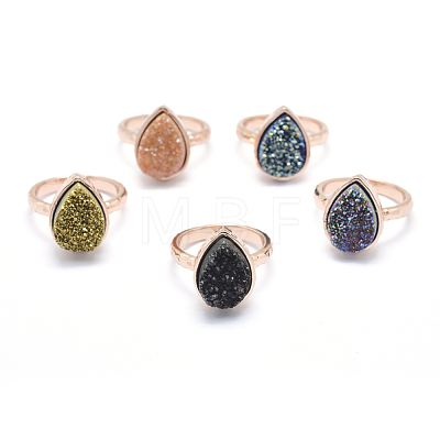 Electroplate Natural Druzy Quartz Crystal Finger Rings RJEW-I055-RG-RS-1