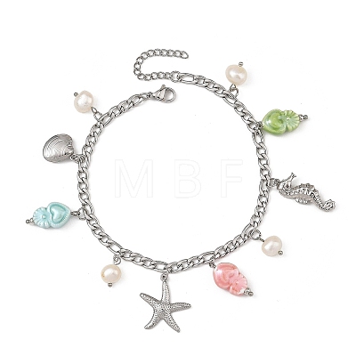 Porcelain Beads & Natural Cultured Freshwater Pearl Anklets SA-AJEW-AN00843-02-1