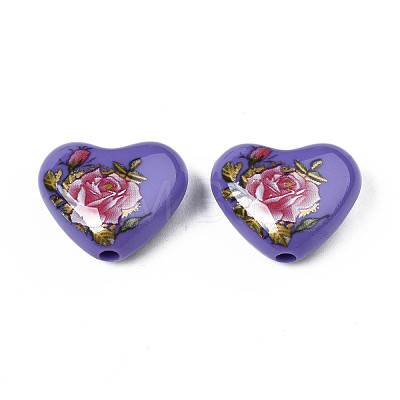 Flower Printed Opaque Acrylic Heart Beads SACR-S305-28-M04-1