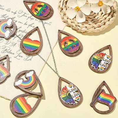 40Pcs 5 Styles Rainbow Printed Aspen Wood Big Pendants WOOD-CJ0001-69-1