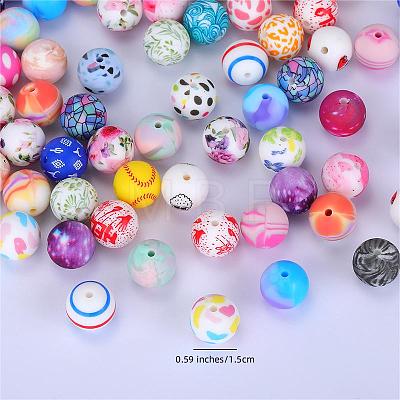 Printed Round with Rugby Pattern Silicone Focal Beads SI-JX0056A-110-1