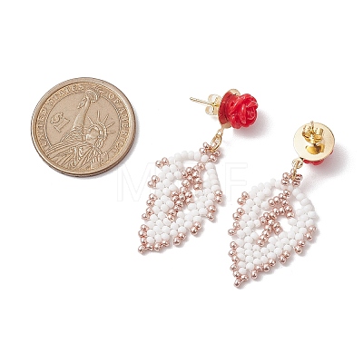 Rose with Leaf Seed Beads Stud Earrings EJEW-MZ00222-02-1