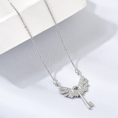 Brass Micro Pave Clear Cubic Zirconia Winged Key Pendant Necklaces CU-CBABA66-13P-1