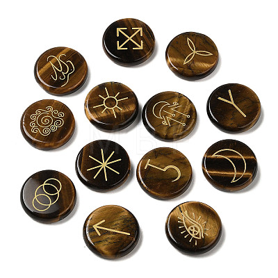 13Pcs Flat Round Natural Tiger Eye Rune Stones G-K335-08D-1