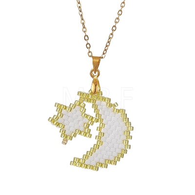 Star & Moon Glass Seed Beads Pendant Necklaces NJEW-MZ00048-1