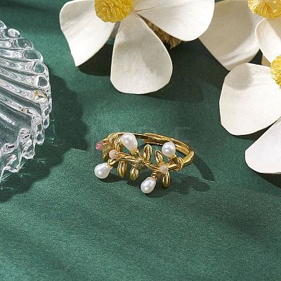 Leaf Natural Pearl & Natural Tourmaline Adjustable Rings RJEW-P113-16G-1