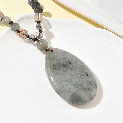 Natural Labradorite Teardrop Pendant Glass Beaded Long Necklaces GG-CBAE048-01D-1