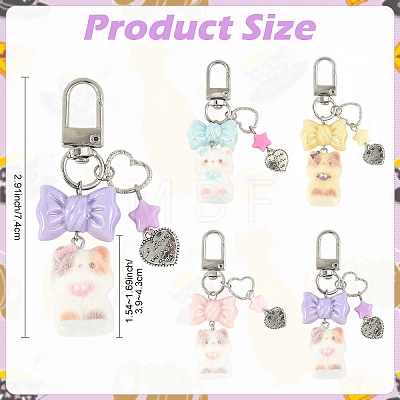 Cat Shape Flocky Opaque Resin & Opaque Acrylic Bowknot & Alloy Heart Charms Pendant Decorations HJEW-YW00343-01-1