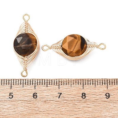 Natural Tiger Eye Faceted Hexagonal Cut Flat Round Links Connector Charms with Copper Herringbone Wire-Wrapped KK-Z152-07G-05-1