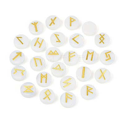 Brass Elder Futhark Alphabet Engraved Symbol Flat Round Opalite Rune Stones G-I373-01O-1