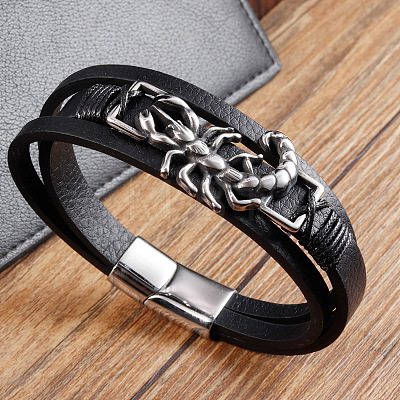 Black Imitation Leather & 316L Stainless Steel Centipede Multi-strand Bracelets with Magnetic Clasps for Men WG416ED-01-1