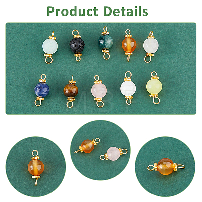 100Pcs 10 Styles Natural Mixed Gemstone Round Link Connector Charms PALLOY-FH00004-1