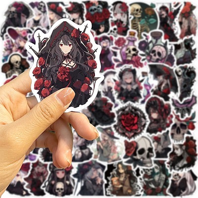 50Pcs PVC Self-Adhesive Gothic Rose Girl Horror Skull Sticker PW-WGAA076-01-1