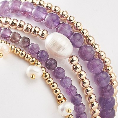 5Pcs 5 Style Natural Gemstone & Brass Beaded Stretch Bracelets Set BJEW-JB08870-1