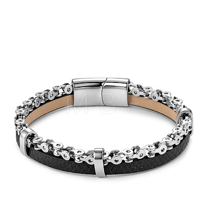 Black Braided mitation Leather & 316L Stainless Steel 2-Strand Bracelets with Magnetic Clasps for Men WGA2BB7-02-1
