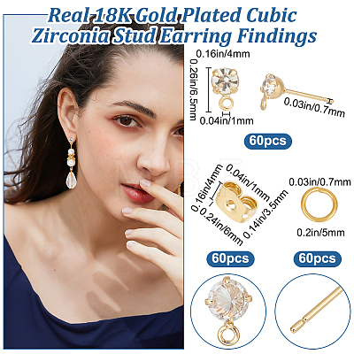 Beebeecraft 60Pcs Diamond Shape Brass Cubic Zirconia Stud Earring Findings KK-BBC0012-64-1