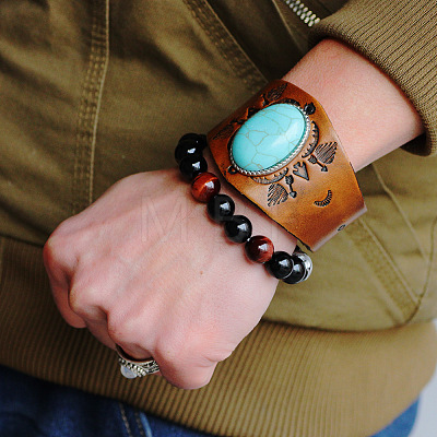 PU Leather & Oval Synthetic Turquoise Bracelets WG45792-02-1