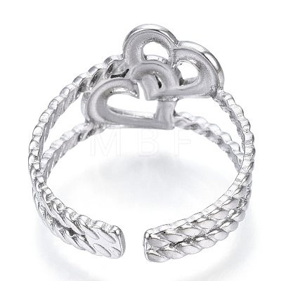 304 Stainless Steel Interlocking Heart Open Cuff Ring RJEW-N040-16-1