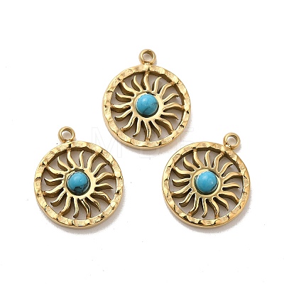 304 Stainless Steel Pave Dyed Synthetic Turquoise Sun Charms STAS-B074-05G-02-1