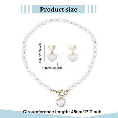 ABS Plastic Pearl Heart Pendant Necklace with Beaded Chains & Dangle Stud Earrings SJEW-AN0001-18-1