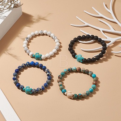 4Pcs 4 Style Natural Mixed Gemstone & Synthetic Turquoise(Dyed) Tortoise Beaded Stretch Bracelets Set for Women BJEW-TA00211-1